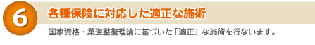 ６）各種保険に対応した適切な施術。　国家資格・柔道整復理論に基づいた「適正」な施術を行います。